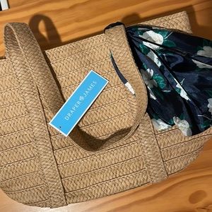NWT Draper James Women's Woven Straw Tote Bag with Blue Floral Scarf
